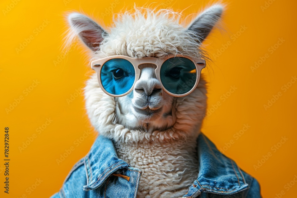 Alpaca in denim strikes a pose with its ears perked, set against a vibrant orange background