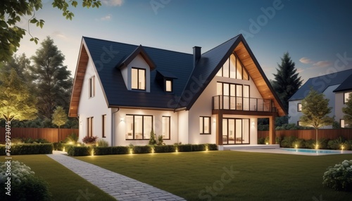 A luxurious modern house with an elegant design, illuminated at dusk, featuring large windows, a spacious garden, and a tranquil pool, nestled in a serene neighborhood.. AI Generation. AI Generation © Anastasiia