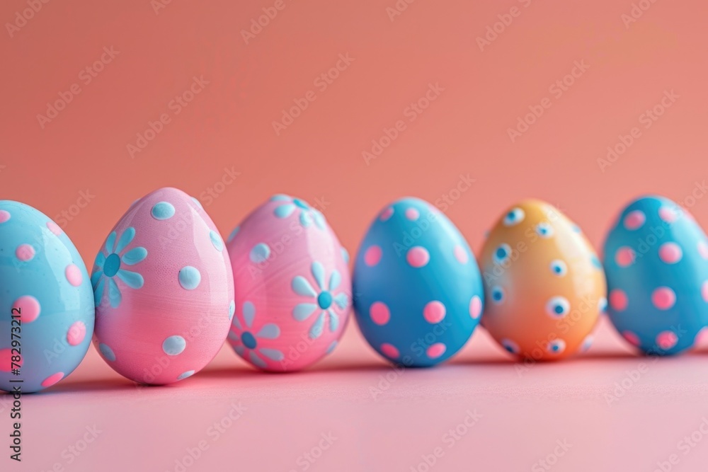 Row of colorful Easter eggs on pink background. Suitable for Easter holiday designs