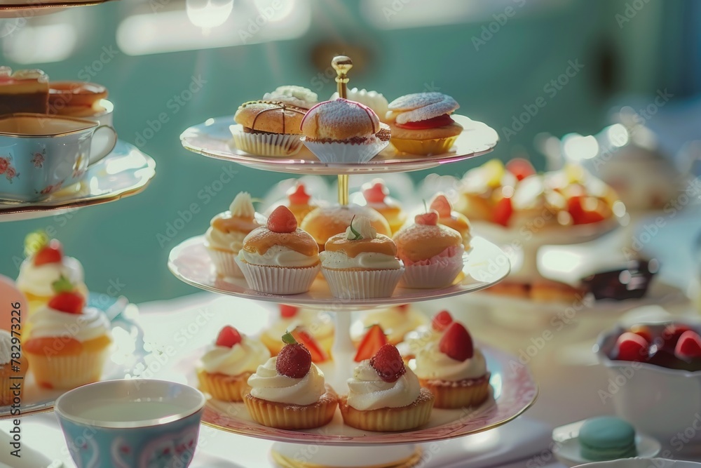 A table with three tiered trays of cupcakes. Perfect for bakery or party themes A table with three tiered trays of cupcakes. Perfect for bakery or party themes