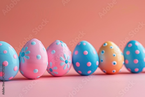 Row of colorful Easter eggs on pink background. Suitable for Easter holiday designs
