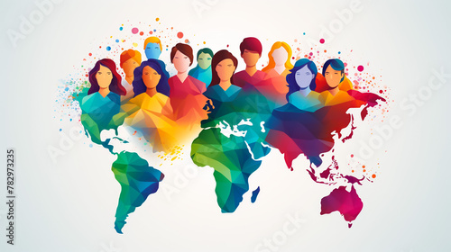 Diverse multiracial and multicultural group of people. Different ages and nationalities adult stay together. Tolerance community, ethnic company. Diversity concept. Flat vector cartoon illustration
 photo