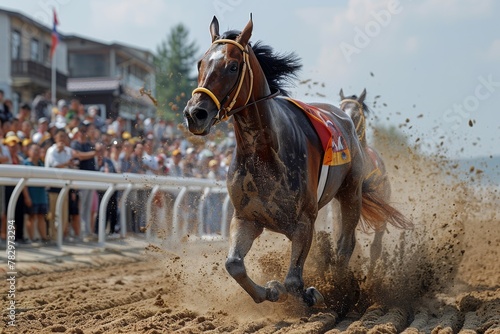 A powerful racehorse gallops fiercely down the racetrack, kicking up dust as it competes, showcasing strength and speed