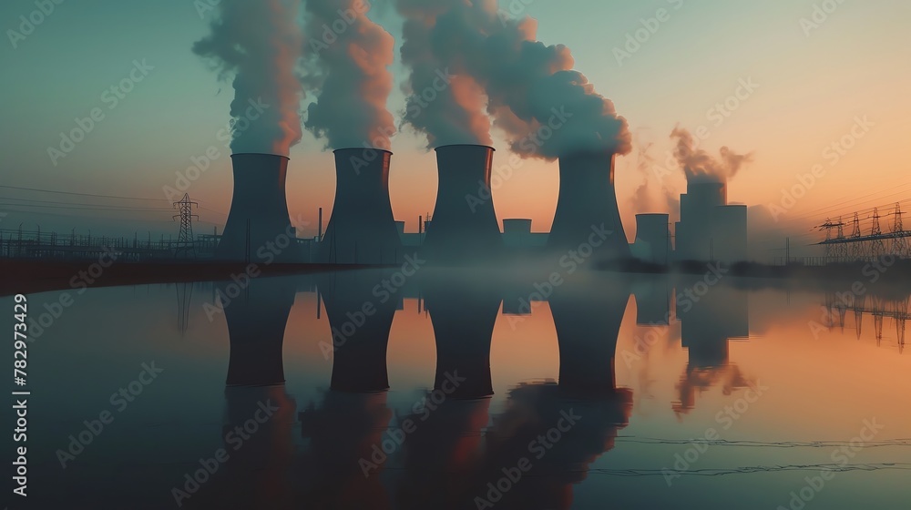 Steam rising from the cooling towers of a power plant, the structures reflected in a tranquil body of water - obrazy, fototapety, plakaty 