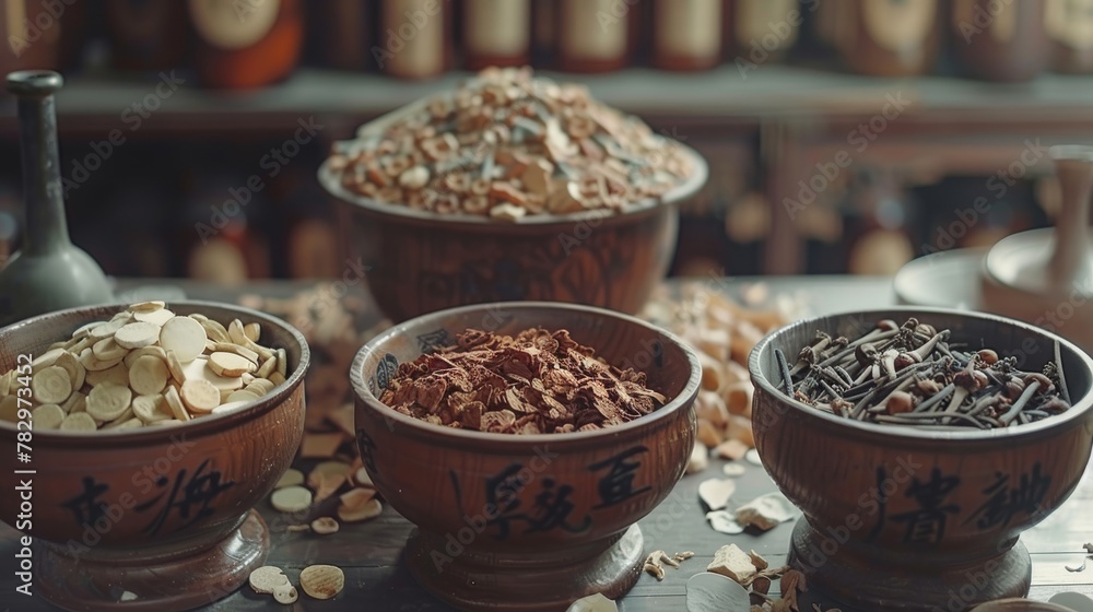 Ingredients for traditional Chinese medicine, ginseng, rhodiola, reishi, cordyceps. Preparing herbal remedies, highlighting the ancient wisdom of holistic healing. Generative ai
