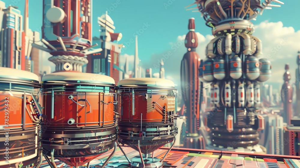 The conception of a unique music instrument inspired by bongo drums, set against a backdrop of a futuristic cityscape