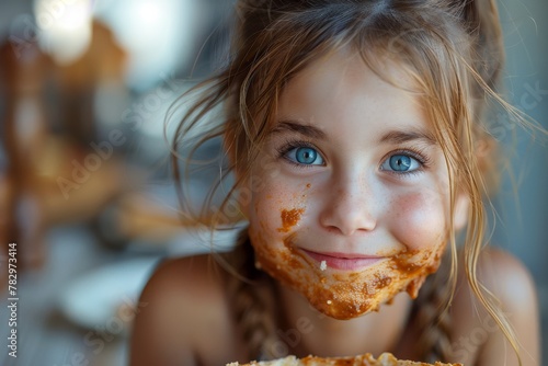 A candid portrait of a young girl with a messy pizza sauce face, radiating pure joy and carefree childhood vibes
