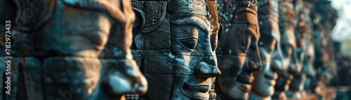 Surrounded by the ancient guardians of the lost temple, feel the weight of their silent presence as you explore