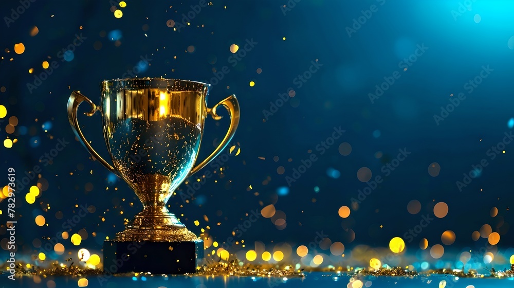 Gleaming Trophy Celebrating Victory and Success on a Sparkling Blue Background with Golden Confetti. A Symbol of Achievement and Recognition in a Wide Aspect Ratio. AI Gleaming Trophy Celebrating Victory and Success on a Sparkling Blue Background with Golden Confetti. A Symbol of Achievement and Recognition in a Wide Aspect Ratio. AI