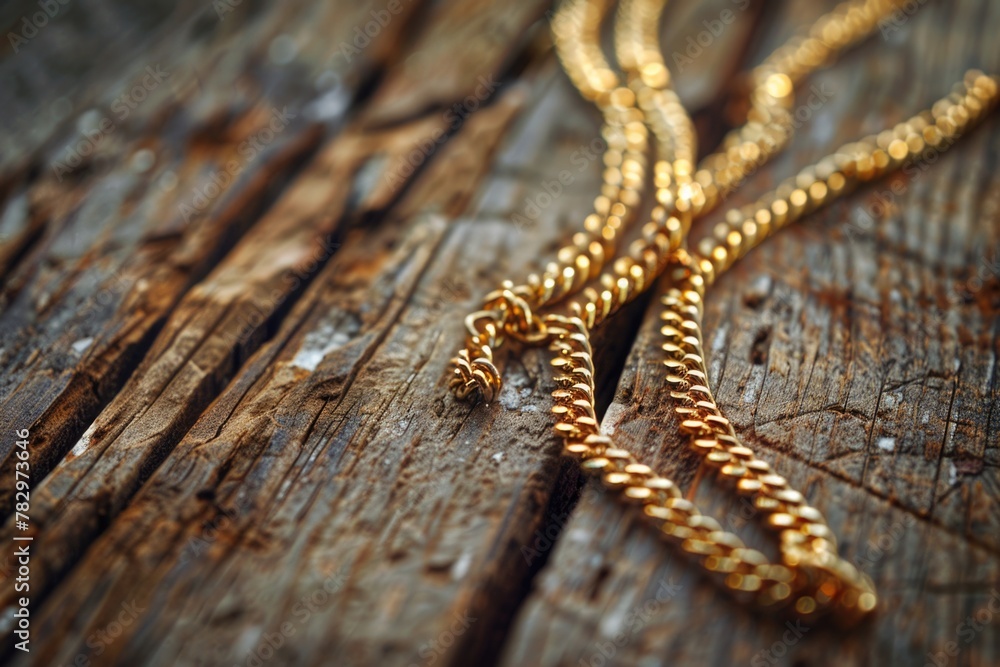A shiny gold chain laying on a wooden surface. Suitable for jewelry or fashion concepts