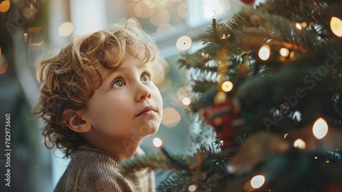 Young boy gazing up at a festive tree. Perfect for holiday designs