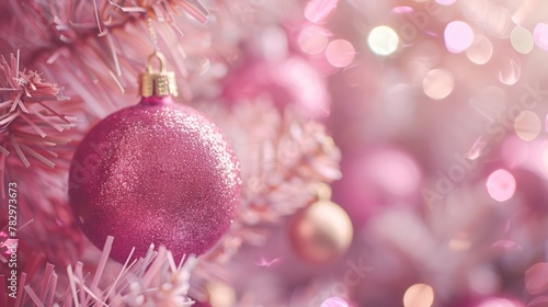 A festive pink ornament hanging from a Christmas tree. Perfect for holiday decorations