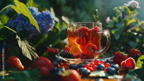 A cup of tea with fresh berries next to a blue hydrant. Suitable for food and drink concepts