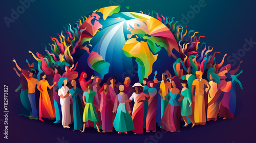 Diverse multiracial and multicultural group of people. Different ages and nationalities adult stay together. Tolerance community, ethnic company. Diversity concept. Flat vector cartoon illustration
