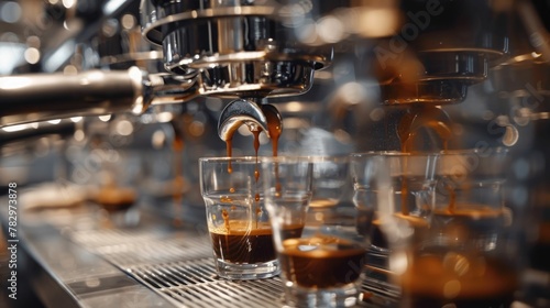 Freshly Brewed Espresso Shots Extracted from a Gleaming Commercial Coffee Machine in a Cafe or Bar Setting