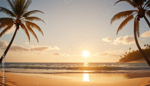 The sun dips below the horizon on a tranquil beach  with the golden light casting a warm glow on the sand and palm trees swaying gently.. AI Generation