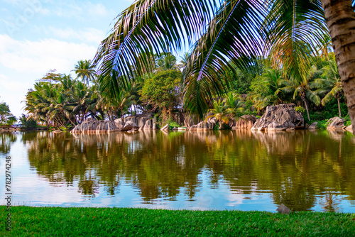 picturesque bright nature in Seychelles  lake and granite stones