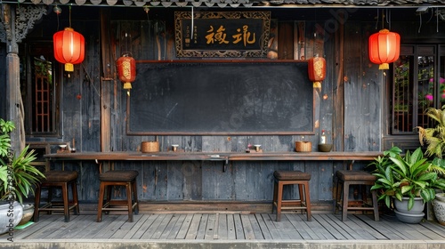 Entrance of a Chinese restaurant adorned with a blank blackboard sign, inviting custom messages © Alpha