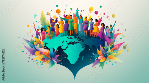 Diverse multiracial and multicultural group of people. Different ages and nationalities adult stay together. Tolerance community, ethnic company. Diversity concept. Flat vector cartoon illustration
 photo