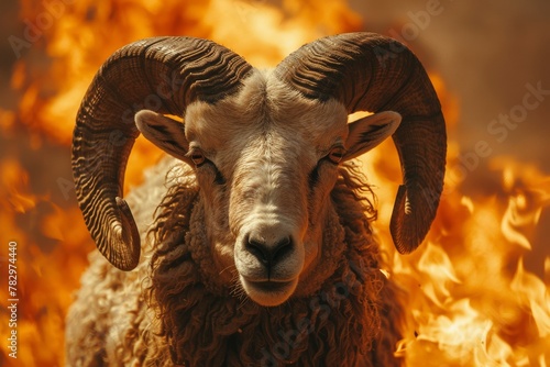 An imposing ram calmly stands in front of a fiery background, illustrating a striking contrast between a peaceful subject and the wildness of fire
