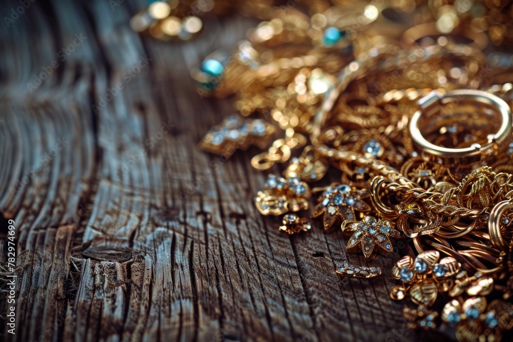 A pile of gold jewelry displayed on a rustic wooden table. Perfect for luxury lifestyle or fashion concepts A pile of gold jewelry displayed on a rustic wooden table. Perfect for luxury lifestyle or fashion concepts