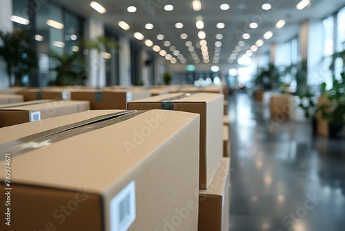 Close-up view of cardboard boxes organized in neat rows in a warehouse setting, representing logistics, organization, and e-commerce