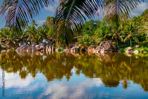 picturesque bright nature in Seychelles  lake and granite stones