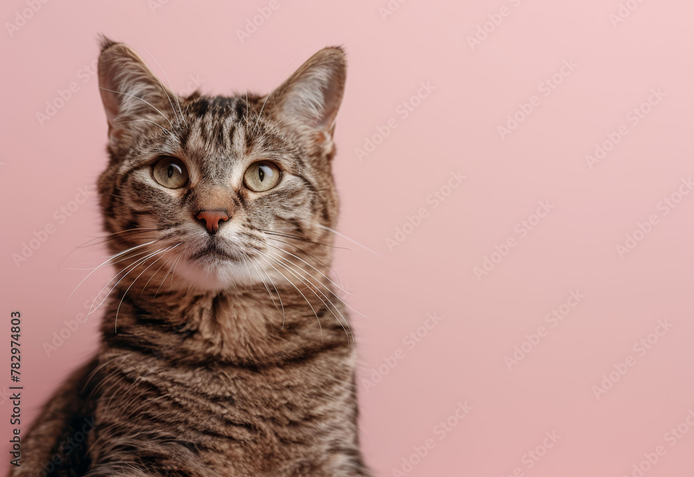 Obraz premium Adult tabby cat with striking green eyes and prominent whiskers sitting alert against a soft pink background