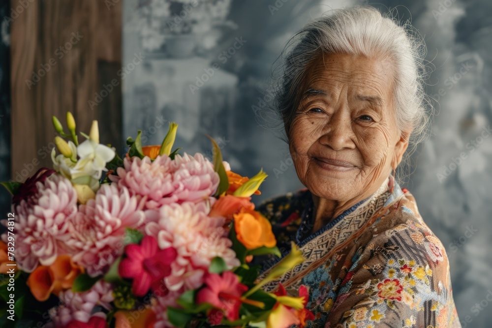 A senior woman holding a beautiful bouquet of flowers. Perfect for Mother's Day cards or floral shop promotions