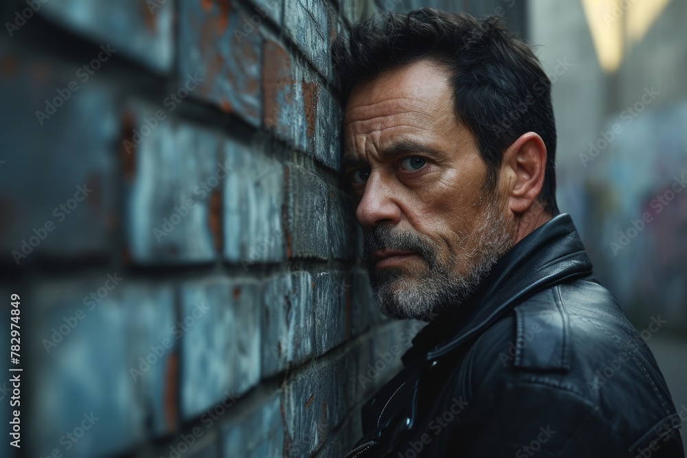 Portrait of a serious middle-aged man in a leather jacket against a brick wall Portrait of a serious middle-aged man in a leather jacket against a brick wall
