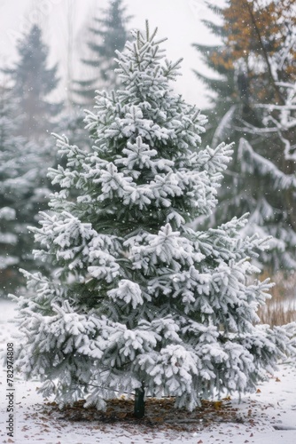 A snowy pine tree standing in a field. Suitable for winter-themed designs