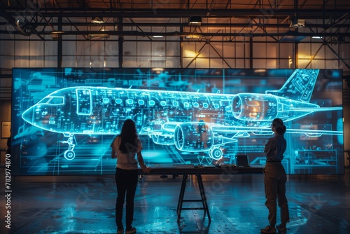 A couple stands in front of a large screen displaying a highly detailed digital schematic of an airplane in a technical exhibit