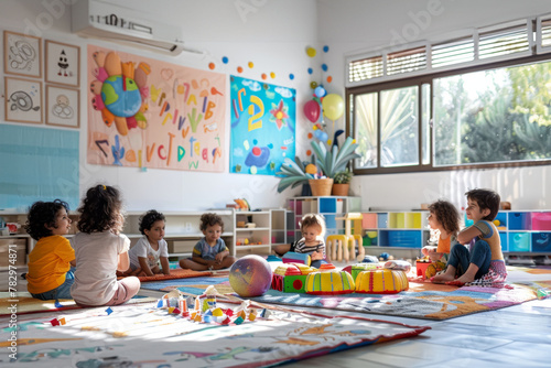 Group of diverse preschool children sitting in a circle in a bright classroom with colorful decor