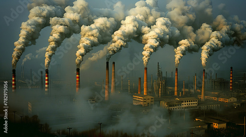 Industrial factories chimneys polluting smoke. Air Quality, Environmental Impact, Global warming. Greenhouse gases