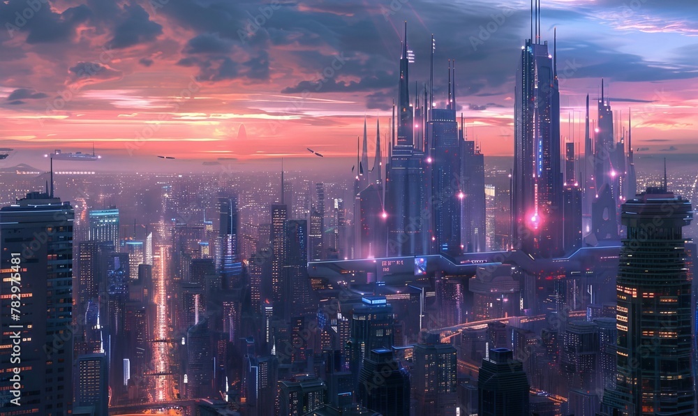 Futuristic smart city skyline at twilight