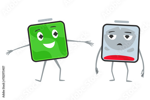 Low battery and full battery. Battery charge indicator icons. Discharged and fully charged battery. Accumulator indicator power level, vector illustration