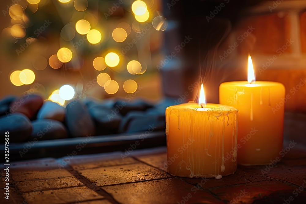 Two yellow candles burning with a blurry background of warm lights.