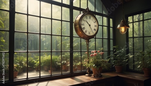 A vintage hanging wall clock overlooks a vibrant conservatory with lush greenery basking in soft sunlight. photo