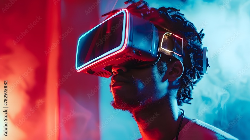 A man wearing VR glasses, in front of a red and blue light background with neon lights A man wearing VR glasses, in front of a red and blue light background with neon lights