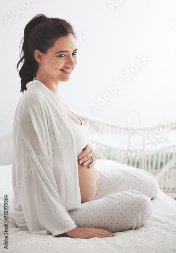 Pregnant, woman or smile in bed, maternity or dream of health, wellness or vision of peace in home. Pregnancy, mama or thinking of rest to imagine, future or motherhood as idea of maternal comfort