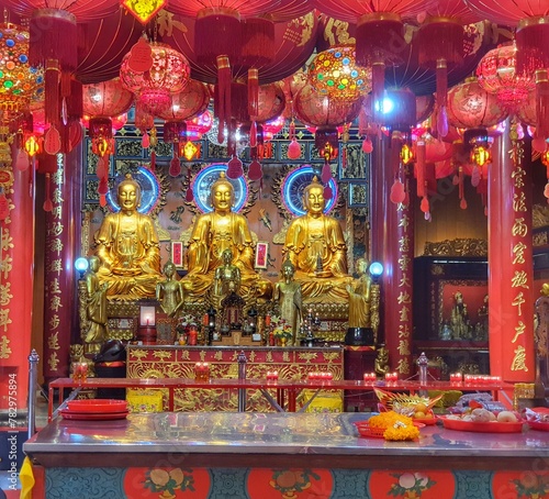 Bangkok, Thailand on July 22 2023. Statues of Buddha and Gods inside Wat Mangkon Kamalawat for Buddhist worship © CindhyAde