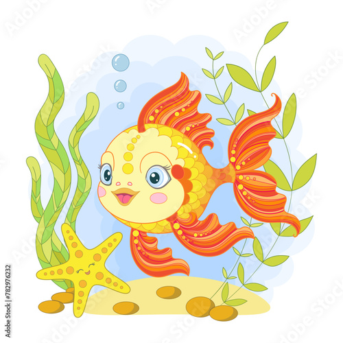 Funny, cartoon goldfish and starfish in the sea. For children's design, prints, posters, cards, stickers, puzzles, etc. Vector illustration