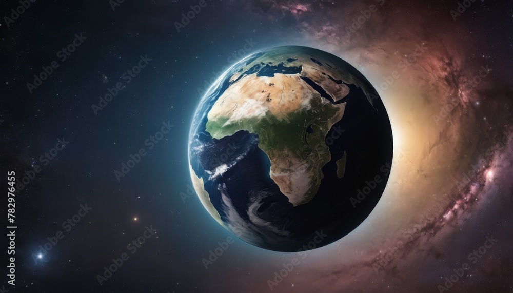 A digital render of Earth in space, showcasing Africa and Europe against a backdrop of stars and nebulae