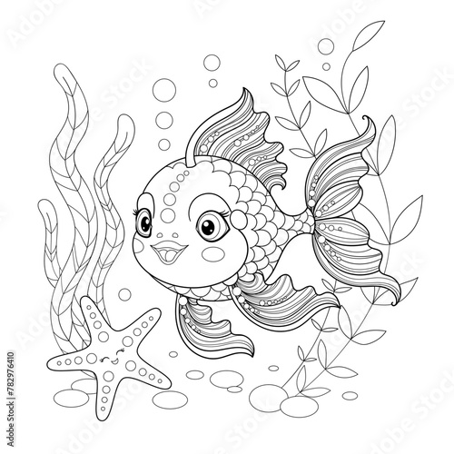 Cheerful fish and starfish among algae. Black and white linear drawing. Doodle style. Isolated on a white background. For children's design of coloring books, prints, posters, cards, stickers, etc. Ve