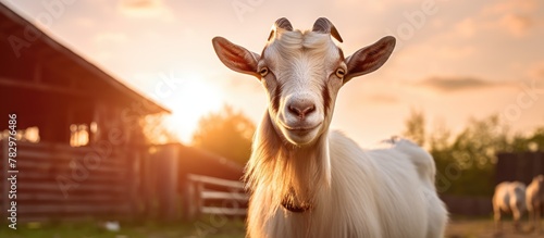 Goat standing grass barn background