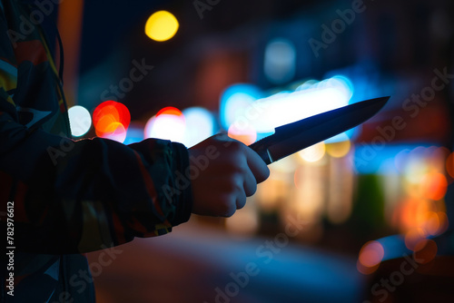 Teenager hand holding knife urban nighttime background: knife crime, child gangs, Street life.