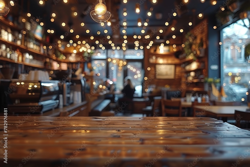 A warm and intimate cafe atmosphere enhanced by the soft glow of bokeh lights