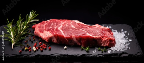 Raw beef on dark stone with...