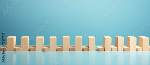 Row of wooden domino pieces on a blue surface