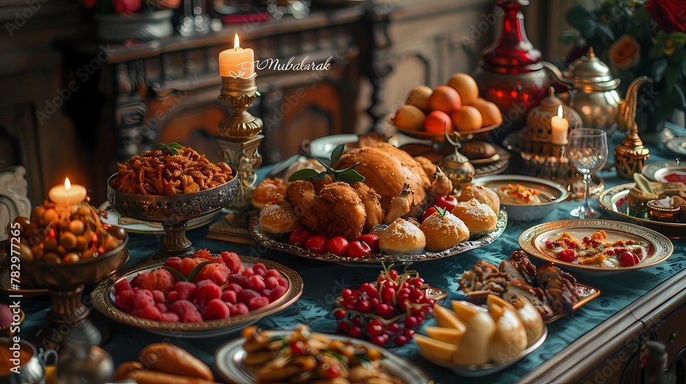A sumptuous feast spread out on a long table, featuring traditional Eid delicacies, with 